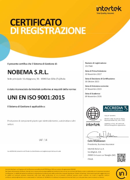 Nobema: CERTIFICATO UNI EN ISO 9001:2015